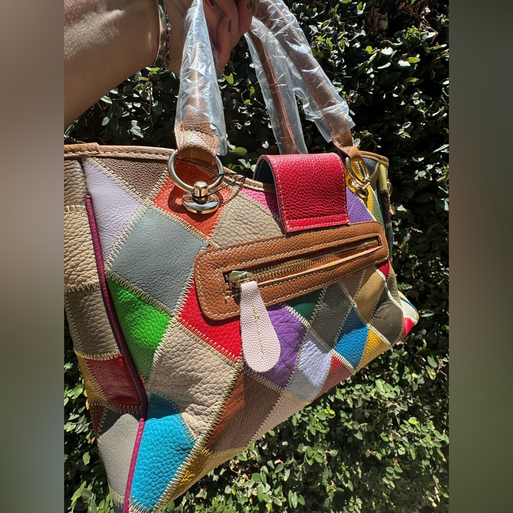 Harlequin Genuine Leather Multicolor Patchwork Tote Bag & wallet! NWT! - Picture 4 of 8
